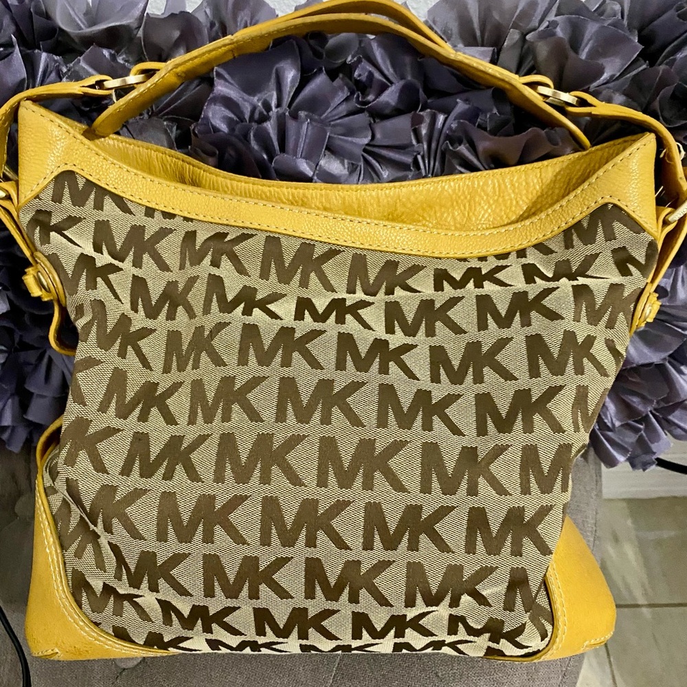 Michael Kors Yellow and Brown Shoulder Bag with Signature Monogram